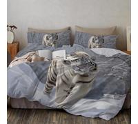 SMBHIAON Set Di Biancheria Da Letto Fauna Selvatica Realistica 140X200Cm,Set Di Copripiumini Da Tigre Biancaneve Che Cammina,Copripiumino Bianco In Microfibra Con 1 Federe 50 X 75 Cm