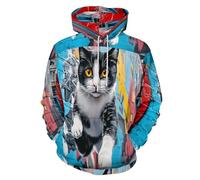 SMBHIAON Unisex Felpe con Cappuccio Divertente Illustrazione Un Gatto Animale 3D Uomo Donna Maniche Lunghe Hoodies Pullover Casual Streetwear con Tasca per Abiti Autunno Inverno (Blu,3XL)