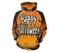 SMBHIAON Uomo Felpa con Cappuccio Stampa Illustrazione di Cartoni Animati Digitale Sportiva Sweatshirt con Cappuccio Luna Alberi Spaventosi Unisex Hoodie,Colore Arancione