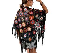 SMDPPWDBB - Mantello a poncho con frange ricamato a mano, scialle, quadrato Granny, cappotto da donna, maglione, nero, taglia unica