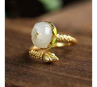 SMDSAZ Natural Hetian Giada Anello Aperto Anello Cinese Stile retrò Unica Antica Craft Oro Fascino Gioielli in Argento da Donna (Gem Color : White, Ring Size : Resizable)