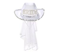 SMELEYOU Cappello Da Sposa Bride Cappello Da Cowboy Con Cappello Da Sposa Glitter Velo Cappello Da Cowgirl Bianco Con Cappello Da Cowboy Alla Sposa Per Mento Regolabile