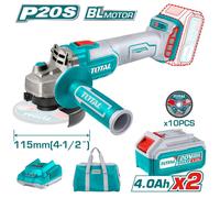 SMERIGLIATRICE ANGOLARE 115mm 20V+2 BATTERIE 4Ah+10 DISCHI X METALLO+BORSA TOTAL