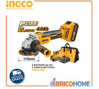 SMERIGLIATRICE ANGOLARE BRUSHLESS 115MM CON 2 BATTERIE 20V + BORSA INGCO