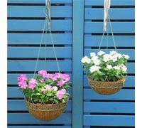 SMGCEHC Set di 2 cestini da appendere in metallo per piante all'aperto, rotondi in filo metallico da appendere, con fodere in fibra di cocco, supporto per piante da appendere, per giardino, patio