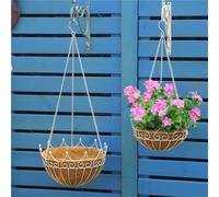 SMGCEHC Set di 2 cestini da appendere in metallo per piante all'aperto, rotondi in filo metallico da appendere, con fodere in fibra di cocco, supporto per piante da appendere, per giardino, patio