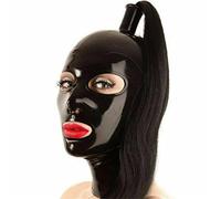 SMGZC Lattice Testa Coperchio con coda di cavallo nera,lattice maschere viso, Latex maschera per la testa Cappuccio in latex per Cosplay Party (2XL,nero)