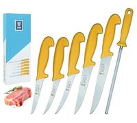 SMI 6 Pezzi Set Coltelli da Macellaio e Disosso Solingen Acciaio 1.4116 Manico Giallo + Affilacoltelli Made in Germany