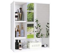 SMIBUY Armadio a specchio da bagno montato a parete, armadietto dei medicinali salvaspazio in bambù, pensile sopra l'armadio del gabinetto con porta a specchio e ripiano regolabile (Bianca)