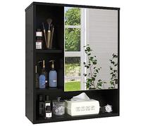 SMIBUY Armadio a specchio da bagno montato a parete, armadietto dei medicinali salvaspazio in bambù, pensile sopra l'armadio del gabinetto con porta a specchio e ripiano regolabile (Nera)