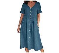 SMIDOW Abito estivo da donna, stile casual, con scollo a V, chiusura con bottoni, maniche corte, in cotone e lino, tinta unita, taglia plus, maxi, 5XL