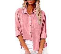 SMIDOW Camicia da donna in cotone e lino con bottoni, Rosa, XL