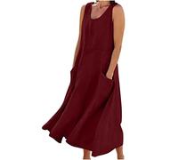 SMIDOW Vestito da donna estivo in cotone e lino, lungo, senza maniche, elegante, ampio e scorrevole, taglie forti, vestito comodo con tasche, XX-Large