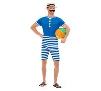 Smiffy's Costume da bagno anni '20, blu e bianco, con tuta corta, cappello e baffi, taglia M