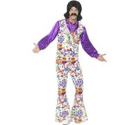 Smiffys Abito Hippie Groovy anni '60, multicolore, con gilet, camicia e pantaloni a zampa d'elefante Halloween
