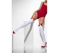 Bianco Autoreggenti Con Fiocco Rosso Donna Accessorio Vestito Taglia Unica