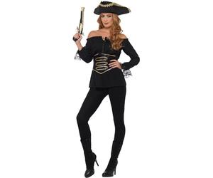 SMIFFYS Camicia da pirata Deluxe, da donna, Nero, con allacciatura per stringere sui fianchi Halloween