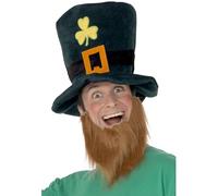 SMIFFYS Cappello da folletto irlandese, verde con quadrifoglio, fibbia e barba rossiccia attaccata Halloween