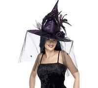 Smiffys Cappello da Strega, Viola, comprende Piume e Retina, Deluxe Halloween, Carnevale