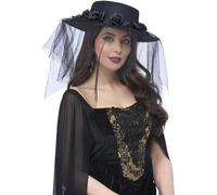 Smiffys Cappello gotico da vedova nera, con rose e velo Halloween