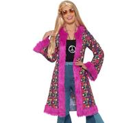 SMIFFYS Cappotto hippie psichedelico anni '60, Rosa, con orlo in pelliccia