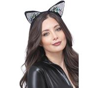 Smiffys Cerchietto con orecchie da gatto nero e decorazioni gioiello Halloween, Carnevale