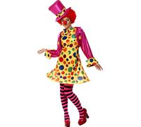 SMIFFYS Costume da clown donna, multi-colore abito con cappuccio, camicia, papillon, collant, cappello