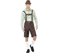 SMIFFYS Costume bavarese uomo,Verde e marrone,con camicia e Lederhosen in PVC