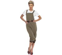 Smiffys Costume Contadina Seconda guerra mondiale, khaki, con maglietta, salopette e foulard