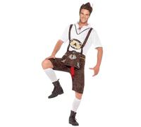 Smiffys Costume da Brad Wurst, marrone con pantaloni in pelle, camicia e cappello, costume divertente da commedia