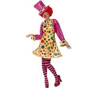 SMIFFYS Costume da clown donna, multi-colore abito con cappuccio, camicia, papillon, collant, cappello