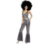 Smiffys Costume da diva da discoteca, tuta svasata argentata, anni '70, costume da discoteca per adulti