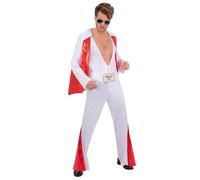 Smiffys Costume da Elvis Presley, tuta bianca per adulti, con licenza ufficiale Rock 'n' Roll anni '70, con mantello, costume da Elvis King of Rock Elvis da uomo, tuta icona musicale anni '70, taglia
