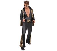 Smiffys Costume da Elvis, tuta nera per adulti, con licenza ufficiale, vestito tutto in uno, con mantello, dettagli dorati, per feste rock and roll anni '70, Halloween e palcoscenico, taglia M