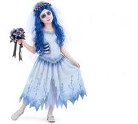 Smiffys Costume da Emily da sposa cadavera, velo e parrucca, età 4-12 anni | Costume ufficiale Emily con abito da sposa gotico blu pallido, velo floreale fascia e parrucca lunga ondulata blu carattere.