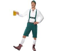 SMIFFYS Costume da festa della birra, verde, pantaloncini di pelle con bretelle, top e cappello Halloween