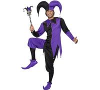 SMIFFYS Costume da giullare medievale, nero e viola parte superiore con collana attaccata, pantaloni e cappello Halloween, Carnevale