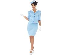 SMIFFYS Costume da hostess, blu, con giacca, finta camicia, cappello e guanti Halloween, Carnevale