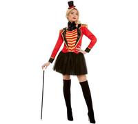 Smiffys Costume da maestro di circo da donna, rosso, con giacca, camicia finta, gonna e fascia, costume da circo per adulti