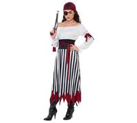 Smiffys Costume da pirata da donna, abito bianco e nero con cravatte, cintura e copricapo, costume per adulti