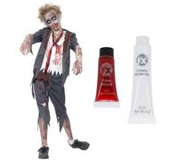 Smiffys Costume da scolaretto zombie per bambini, età 4-14 anni | Costume da scolaretto zombie con uniforme angosciata, sangue finto da 10 ml e vernice bianca per il viso da 28 ml per