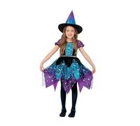 SMIFFYS Costume da strega luna e stelle deluxe, Abito e cappello luminosi, viola e verde acqua Halloween