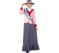 Smiffys Costume da Suffragette vittoriana Deluxe, Grigio e Rosa con Vestito, Fascia e Cappello, Costume Storico per Adulti