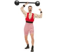 SMIFFYS Costume da uomo forzuto, Rosso e bianco, con tuta corta e baffi