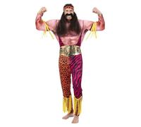 Smiffys Costume da wrestler maschile tutto in uno, con petto muscoloso e fascia, costume anni '90, travestimento anni '90