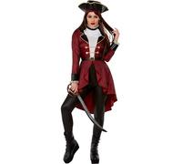 SMIFFYS Costume deluxe da pirata spadaccino, Bordeaux, Giacca, leggings, volant sul collo e cappello Halloween