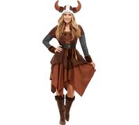 SMIFFYS Costume deluxe da regina dei barbari vichinghi, Marrone, con abito e casco