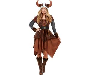 SMIFFYS Costume deluxe da regina dei barbari vichinghi, Marrone, con abito e casco Halloween