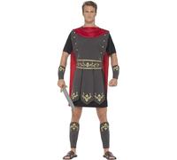 SMIFFYS Costume Gladiatore romano, Nero, con tunica, mantella attaccata, bracciali e schinieri per gambe