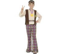 SMIFFYS Costume Hippie, da ragazzo, multicolore, con top, gilet attaccato, pantaloni, medaglia
